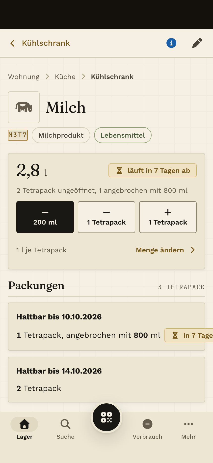 Ein Eintrag mit Menge und Packungen